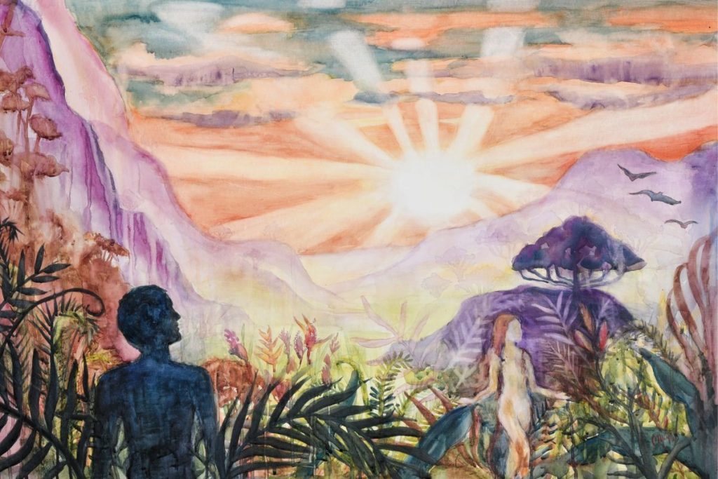 Adam and Eve in the garden of Eden watercolor abstract painting soft sunrise