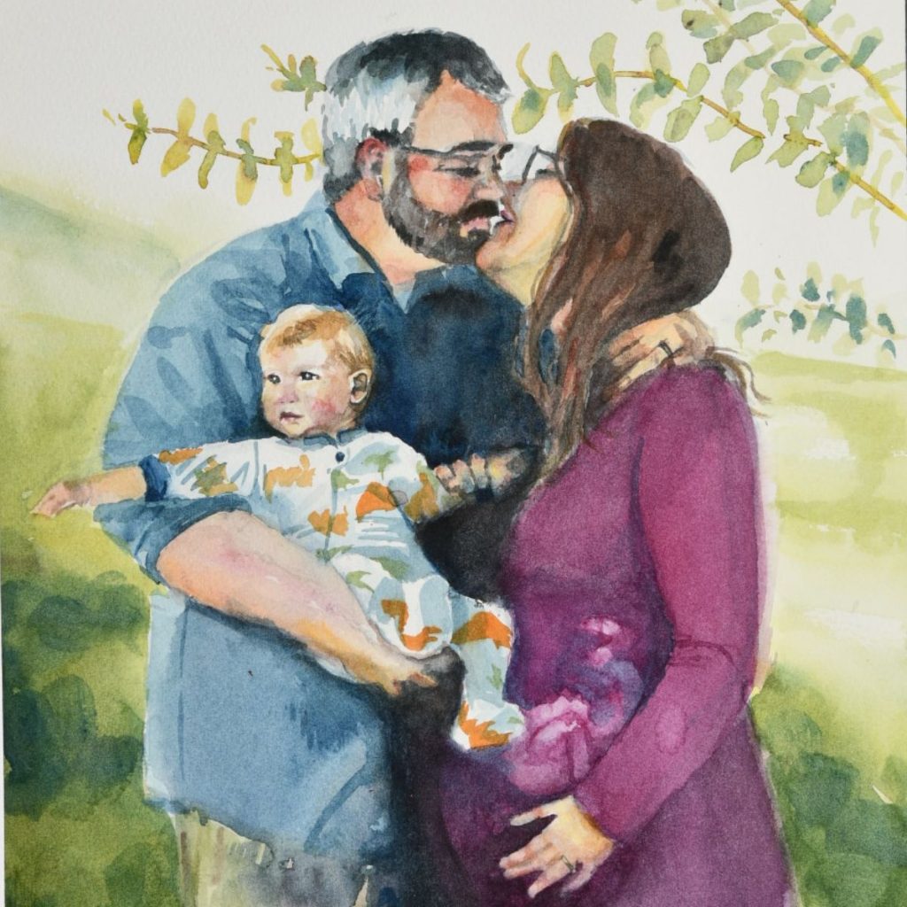 painting of father kissing his wife while holding toddler son. The mother joyfully holding pregnant belly with image of growing baby inside while returning the kiss